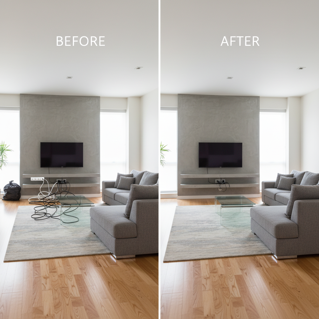 Before and after photo showing AI object removal - unwanted object removed from real estate photo