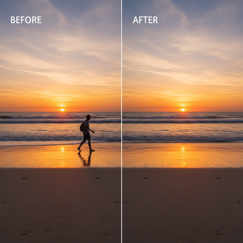 Before and after photo showing AI object removal - person cleanly removed from beach photo
