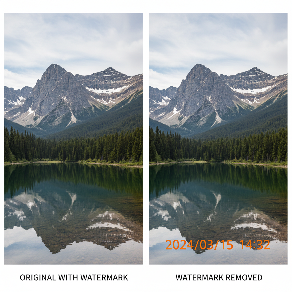 Before and after photo showing AI watermark removal - text overlay cleanly removed